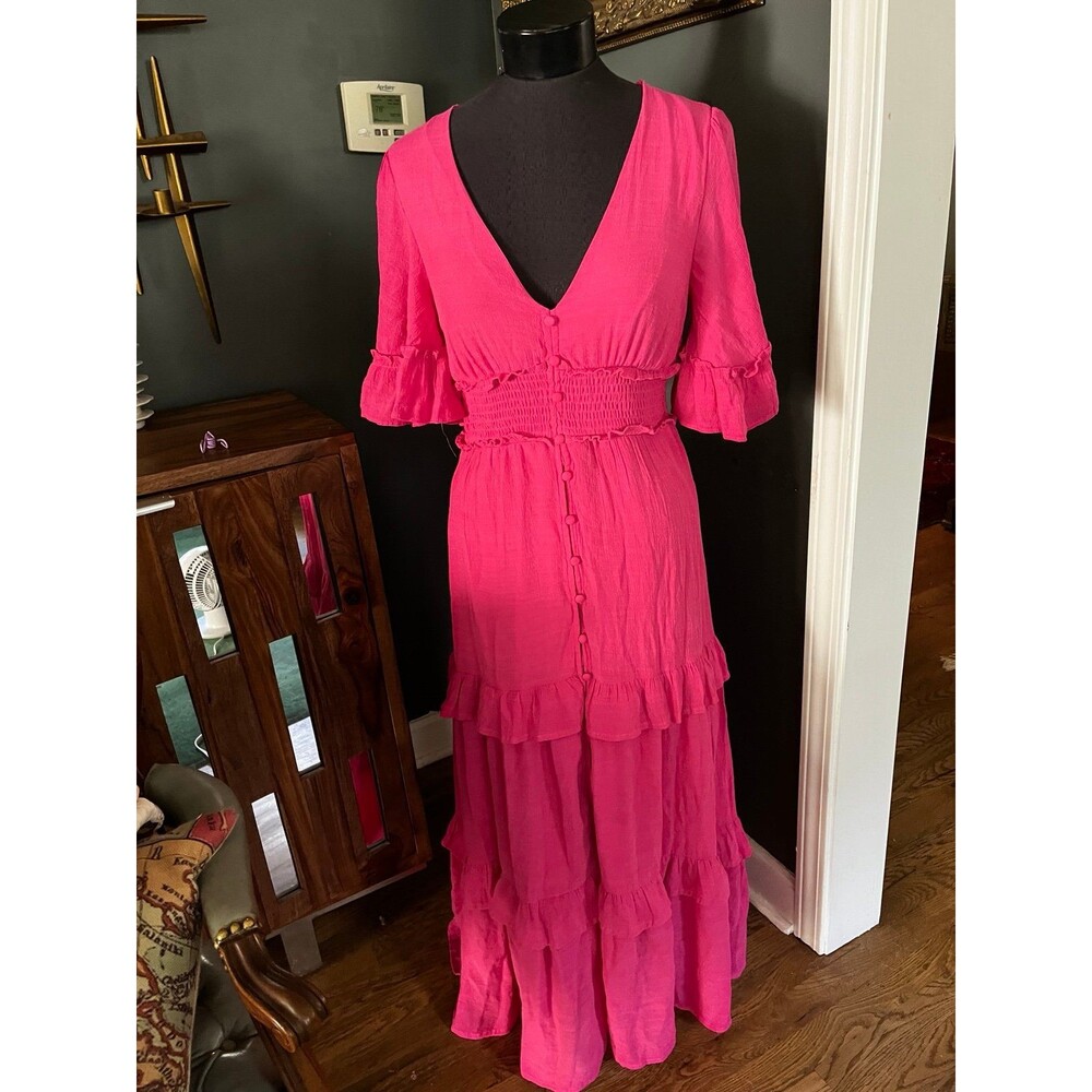 Flying Tomato Hot Pink Maxi Dress Button Front Ruffled Cottage Core Festival M